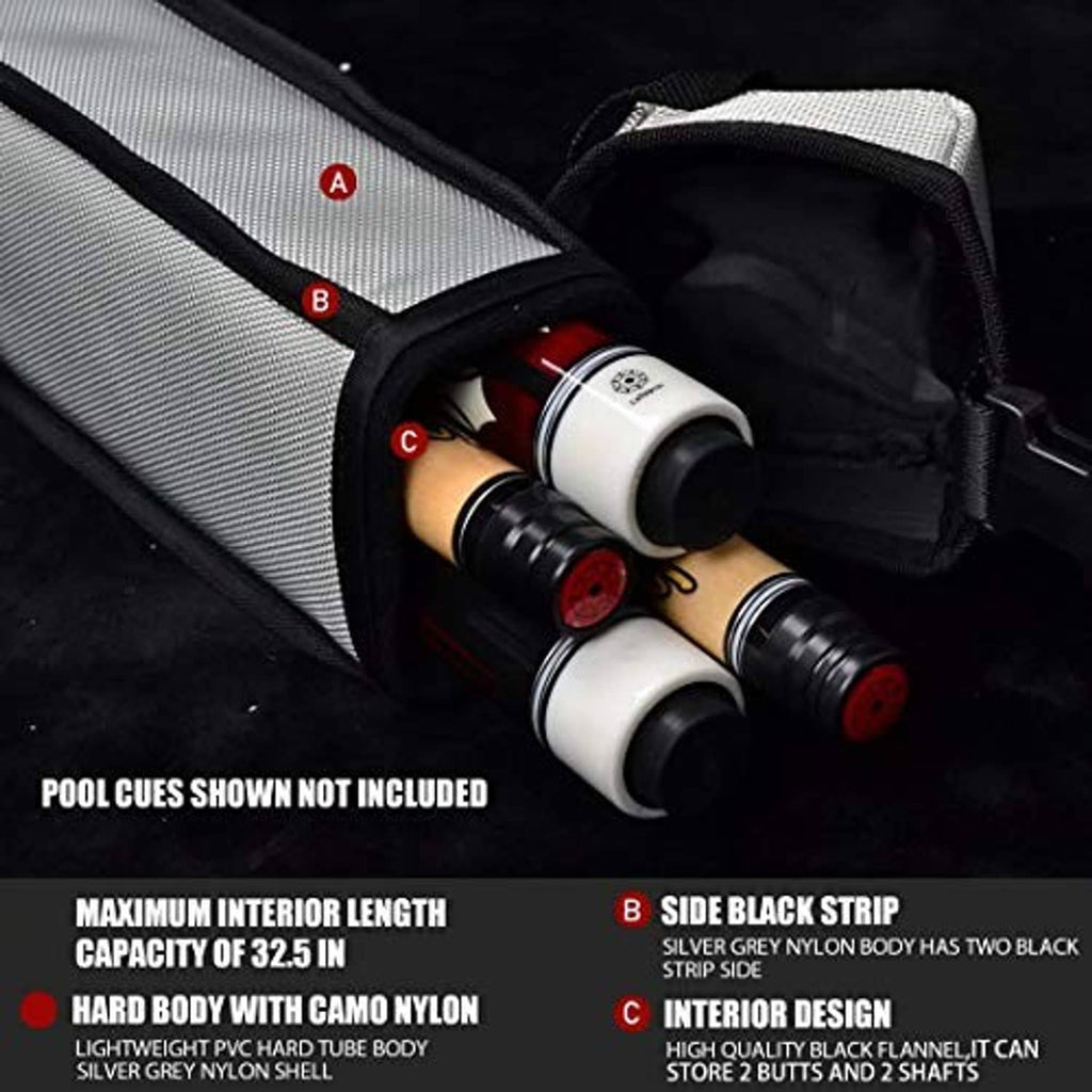 Silver gray cue case interior showing two cue slots with padded dividers and straps