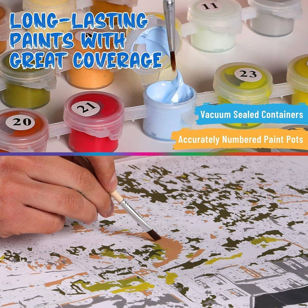 Vacuum-sealed numbered paint pots for a paint by number kit