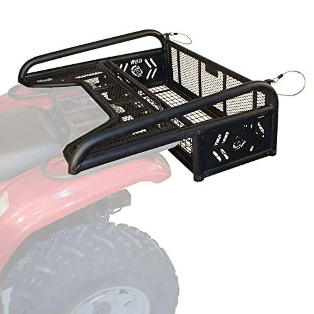 Black ATV rear drop basket rack with tailgate, open mesh deck and side mesh panels