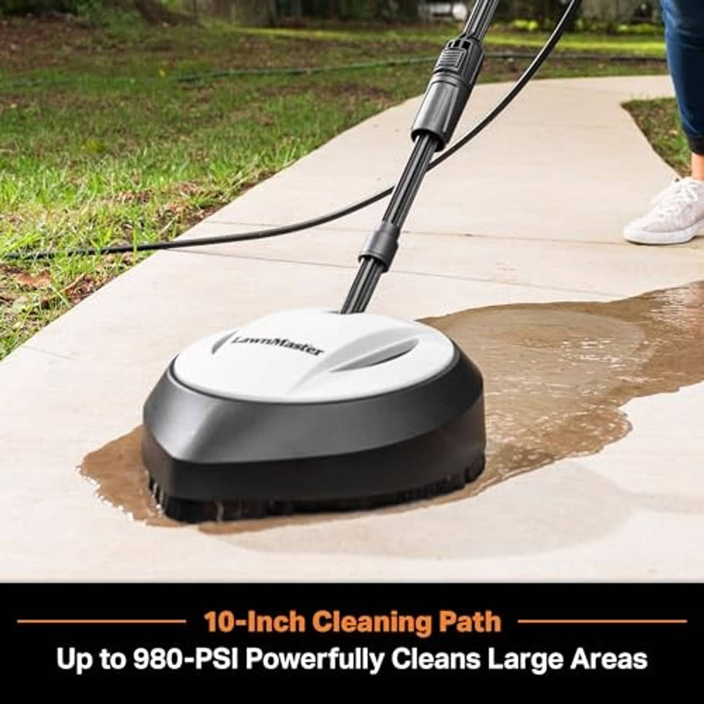 Pressure washer surface cleaner cleaning a concrete walkway, white top and black housing