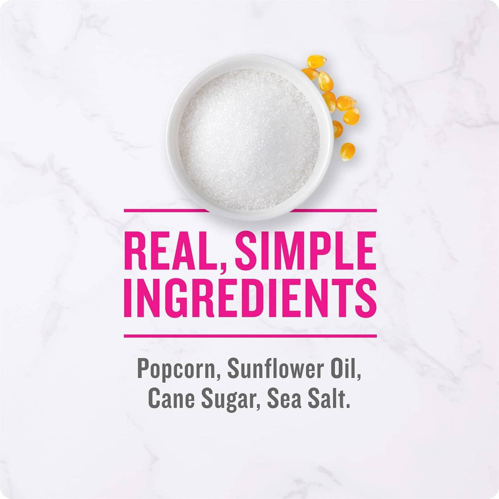 Ingredients panel with bowl of sea salt and list including popcorn, sunflower oil, cane sugar