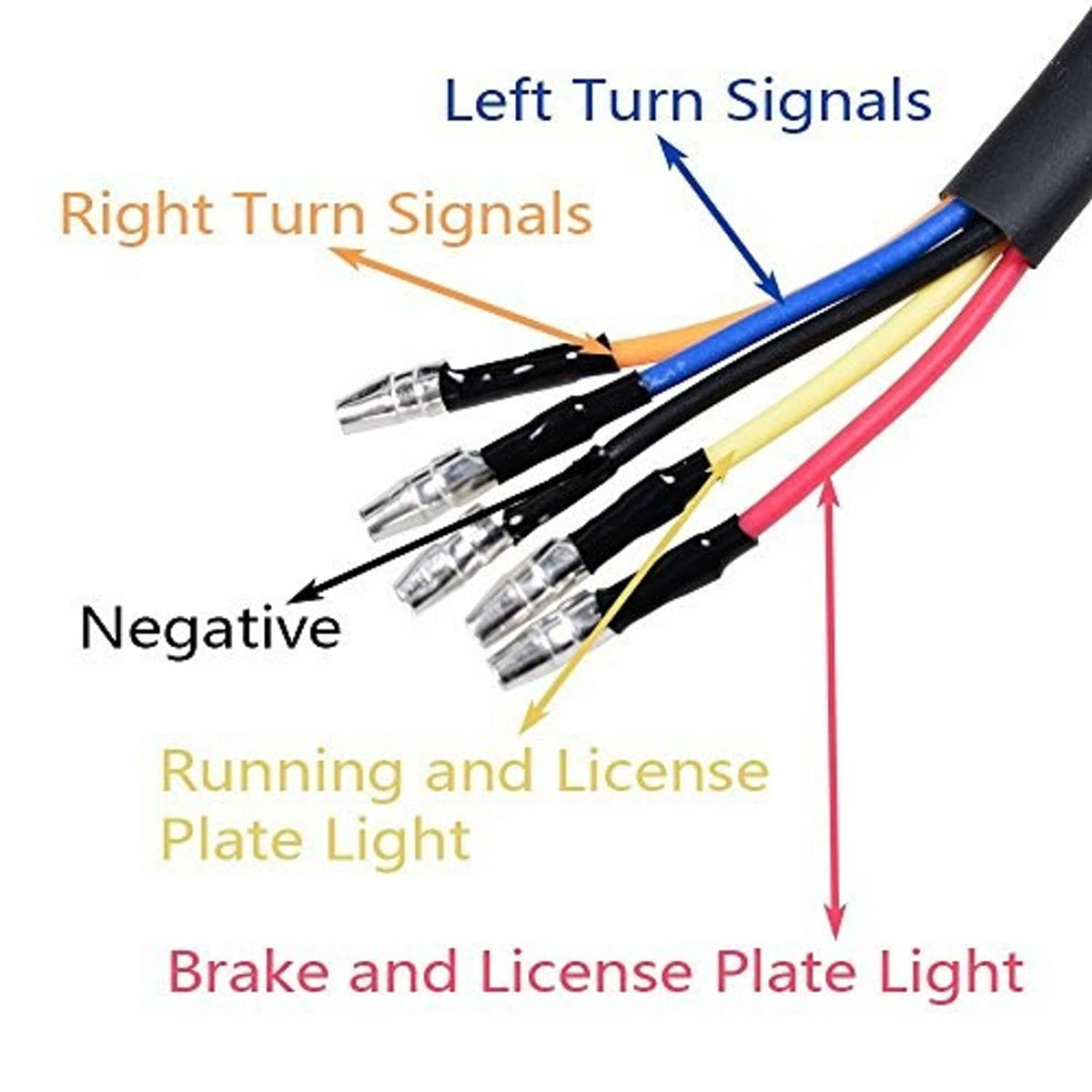 Motorcycle tail light wiring harness with left/right signal leads and license plate light wires