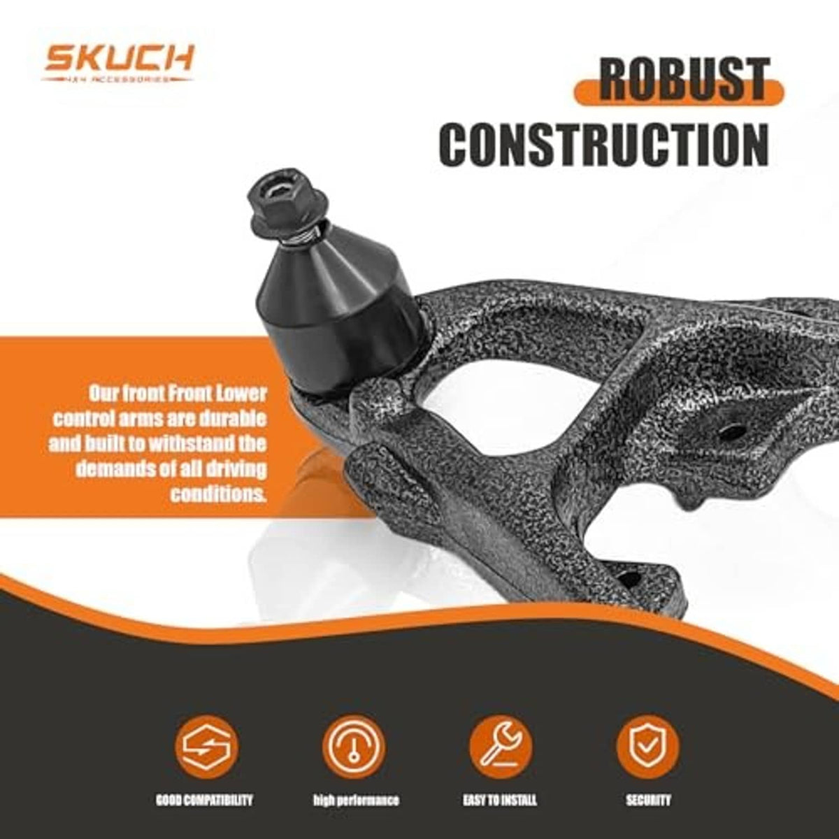 Durable construction graphic for front lower control arms with bushing and boot
