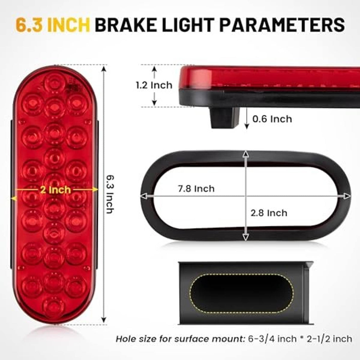Oval red LED trailer tail light with black frame, showing mounting hole and size