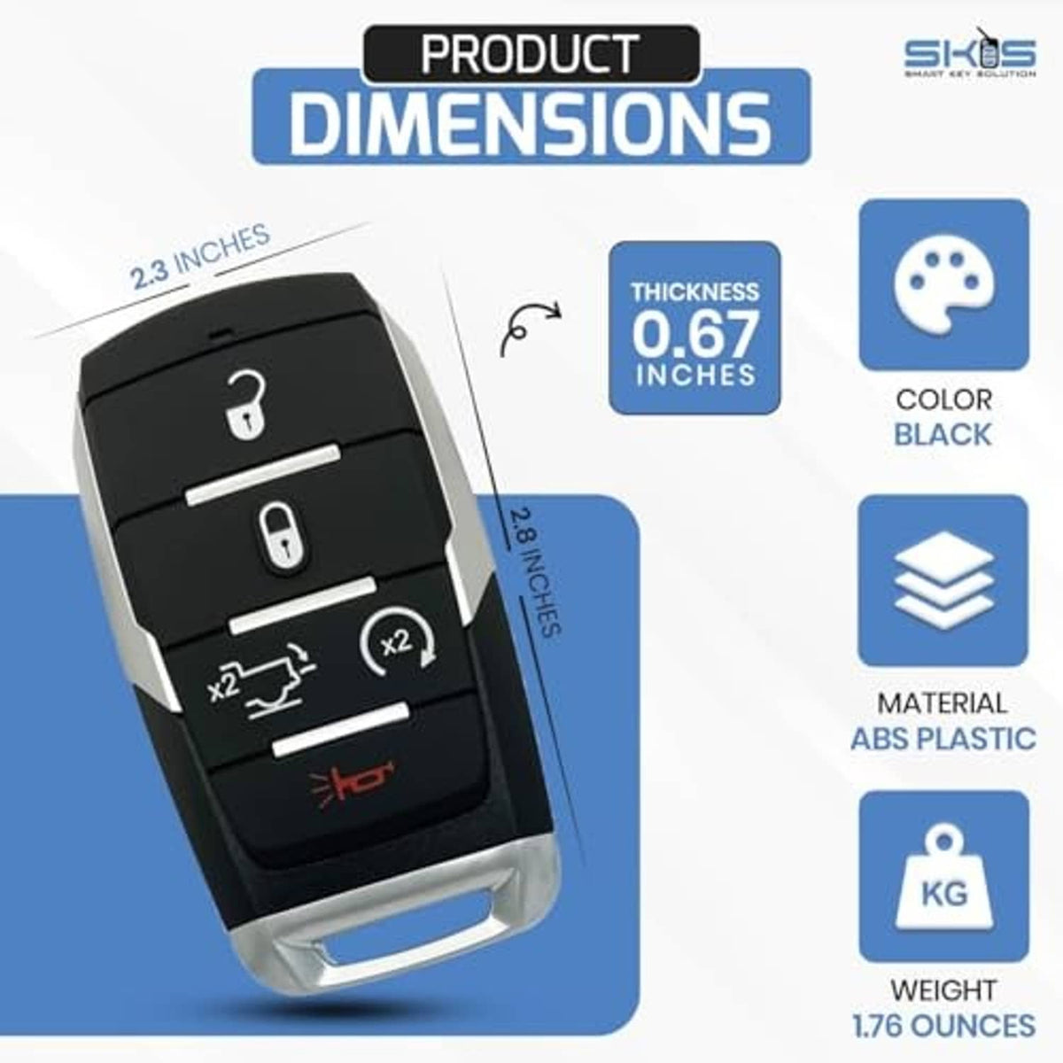 Black key fob shell size and thickness diagram with ABS plastic material callout