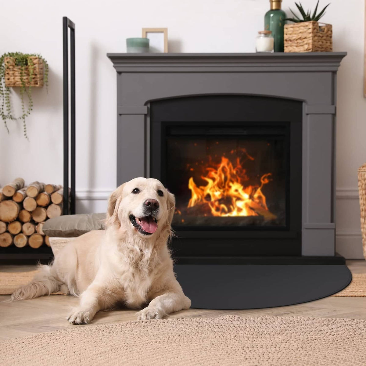 Black half-round fireplace hearth mat with a dog lying in front of a fire