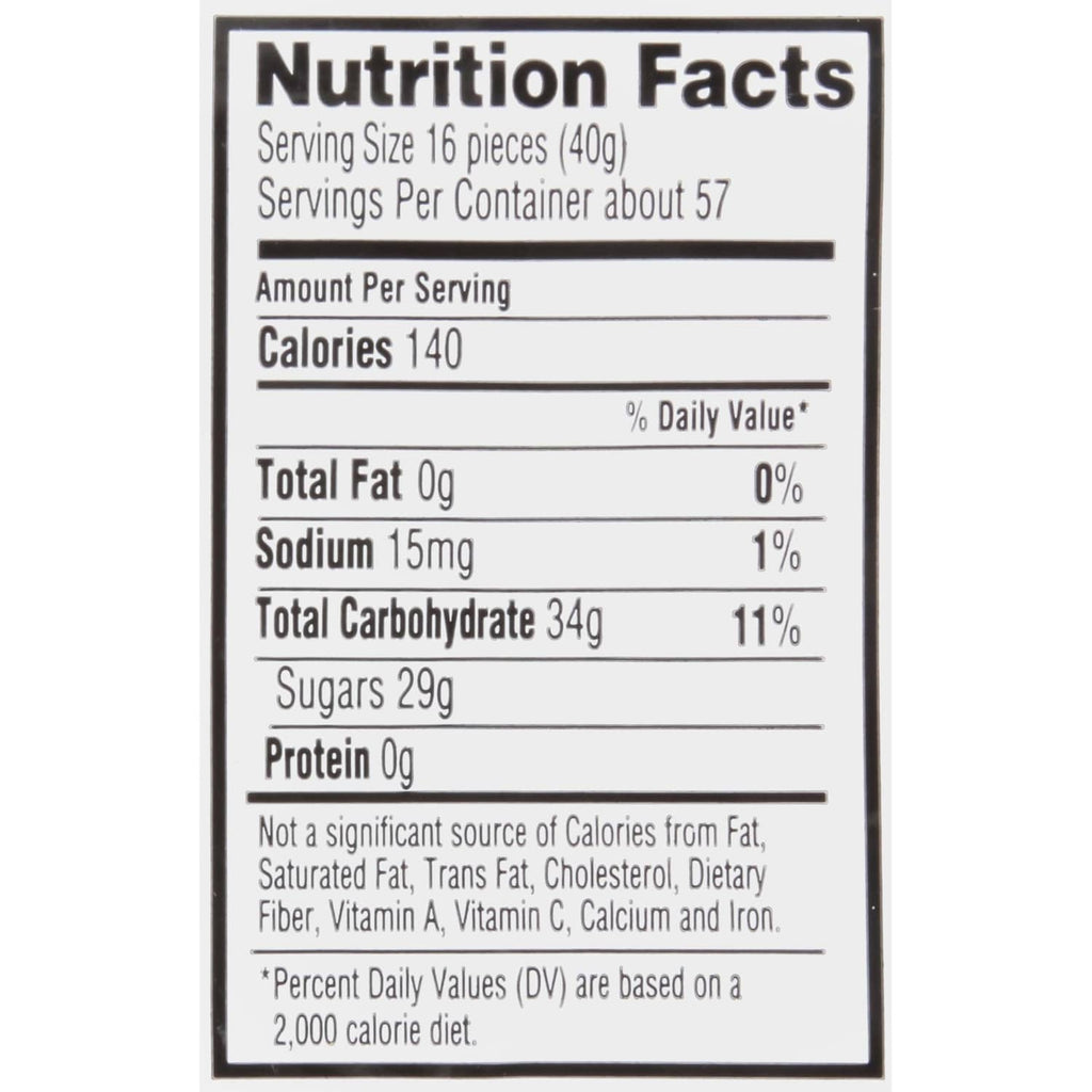Nutrition Facts panel for sour gummy candy: serving size 16 pieces (40g)
