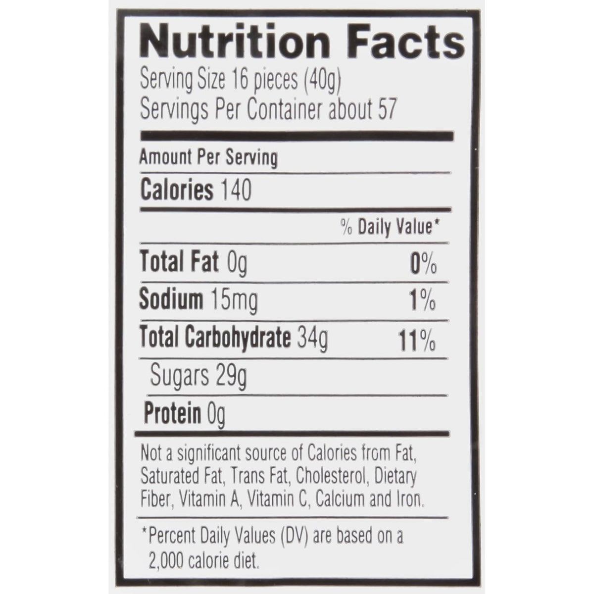 Nutrition Facts panel for sour gummy candy: serving size 16 pieces (40g)