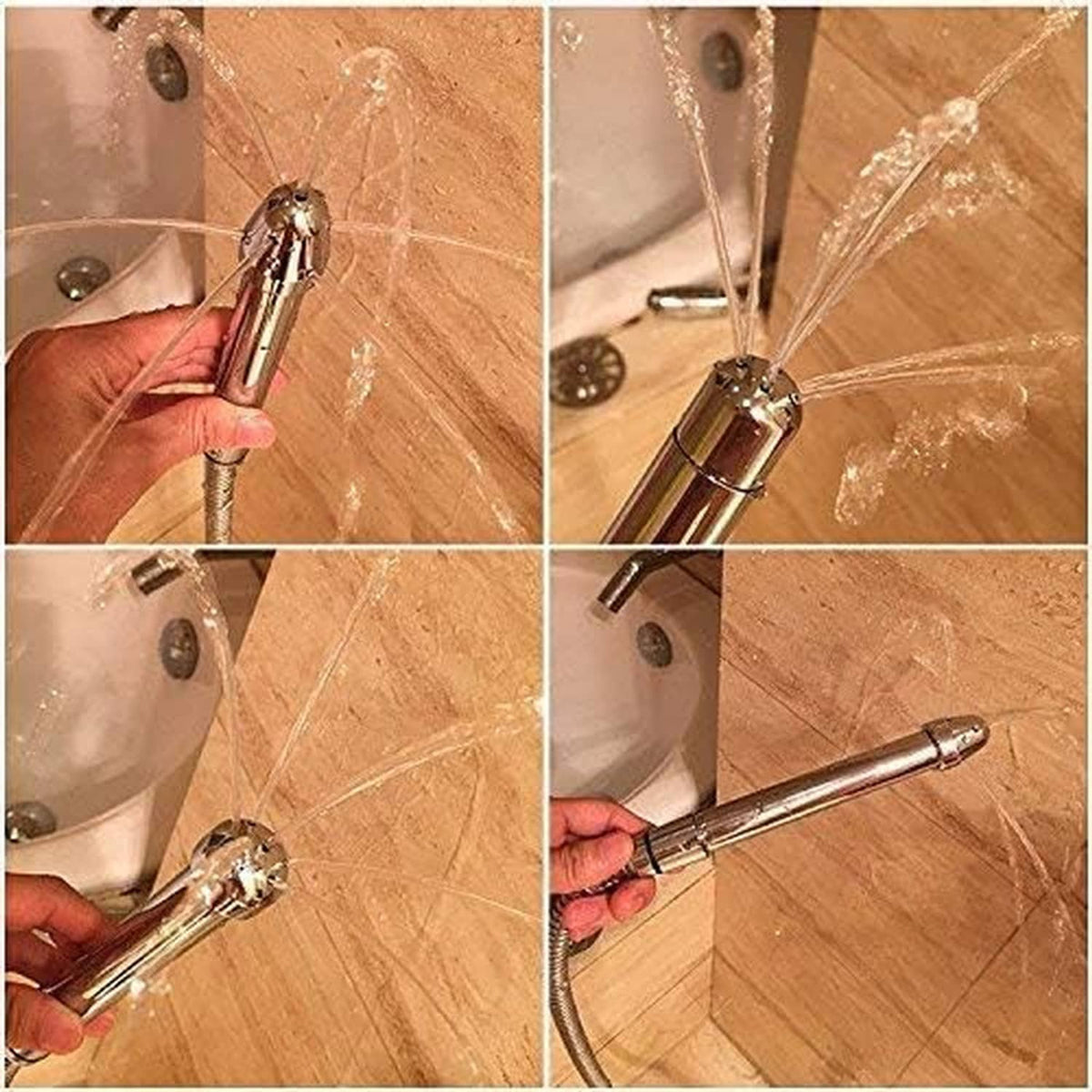 Chrome shower nozzle cleaner spraying water from a 3-head outlet