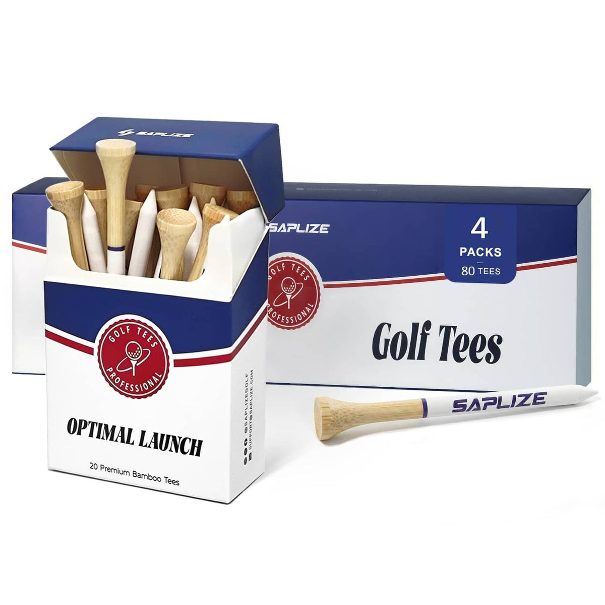 SAPLIZE bamboo golf tees in open box with 4-pack sleeve and tee bundle.