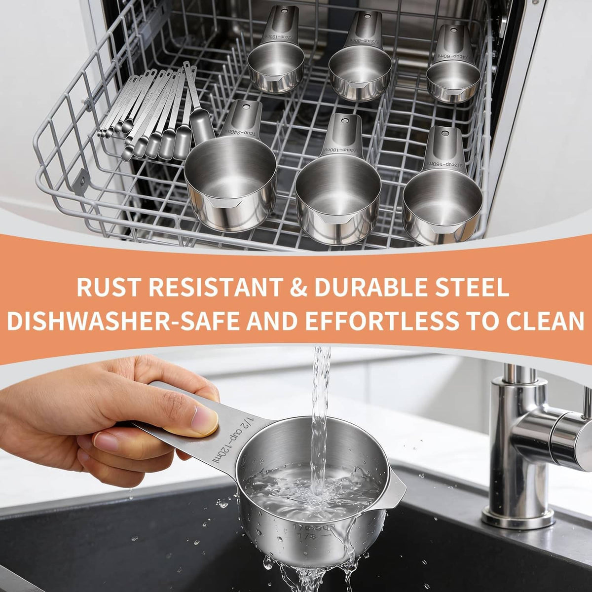 Stainless steel measuring cups and spoons set in a dishwasher rack