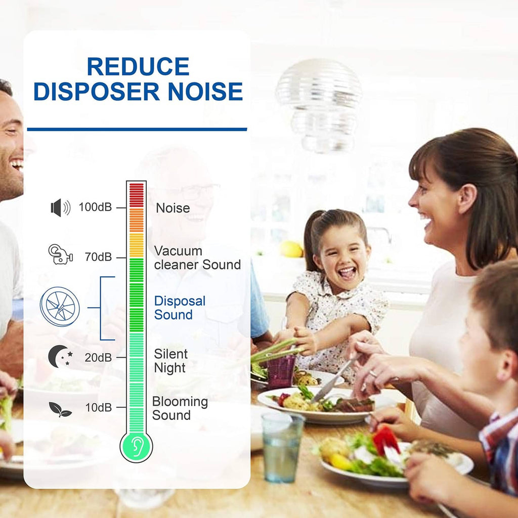 Noise-reduction lifestyle graphic for garbage disposal splash guard collar baffle