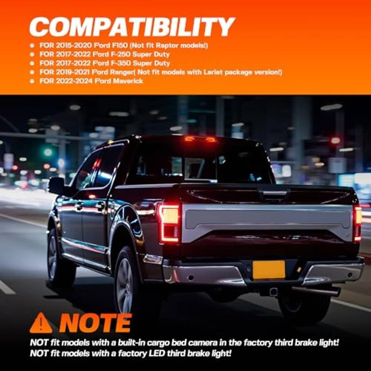 Mounted LED third brake light showing red illumination on pickup tailgate