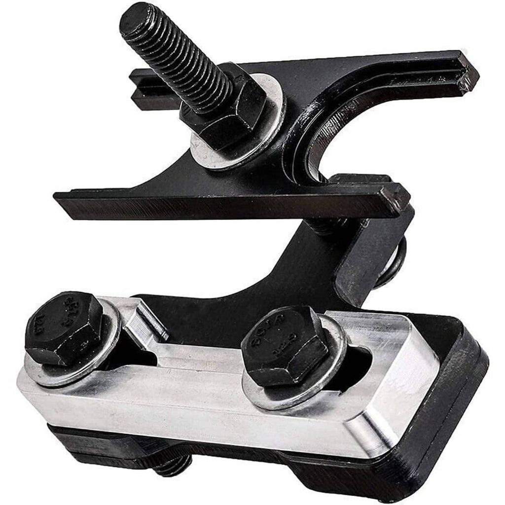 Valve spring compressor tool with curved black arms and silver base block, two studs