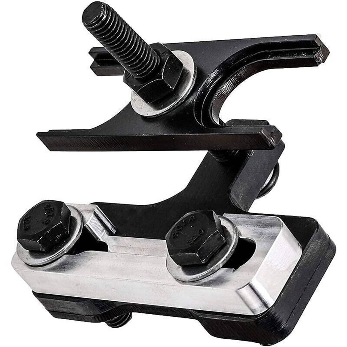 Valve spring compressor tool with curved black arms and silver base block, two studs