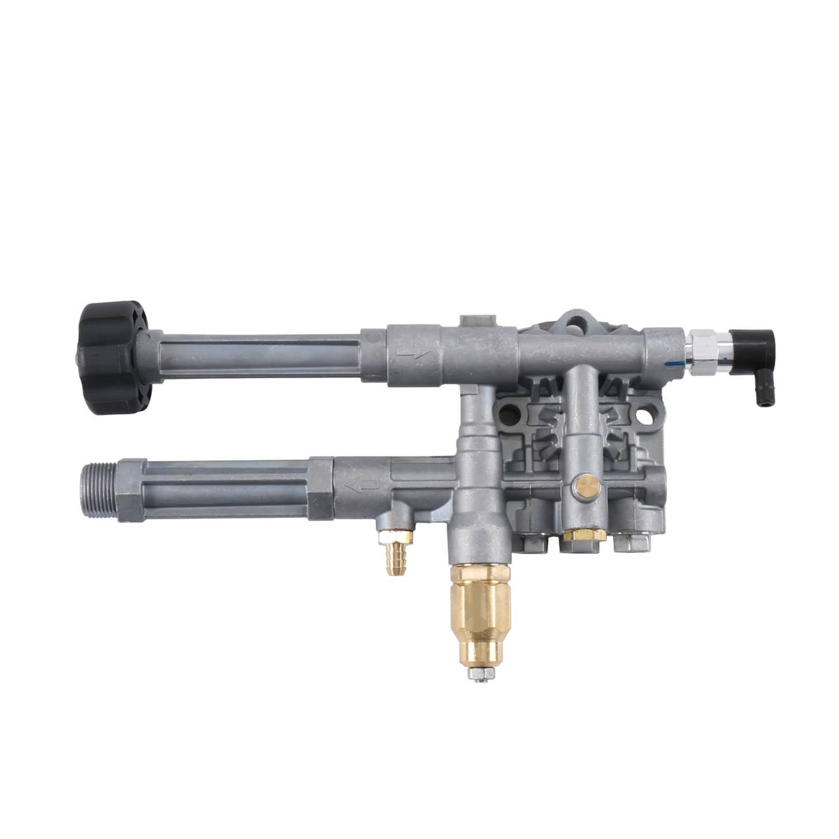Pump head assembly with central valve body, brass inlet fitting, and side outlet