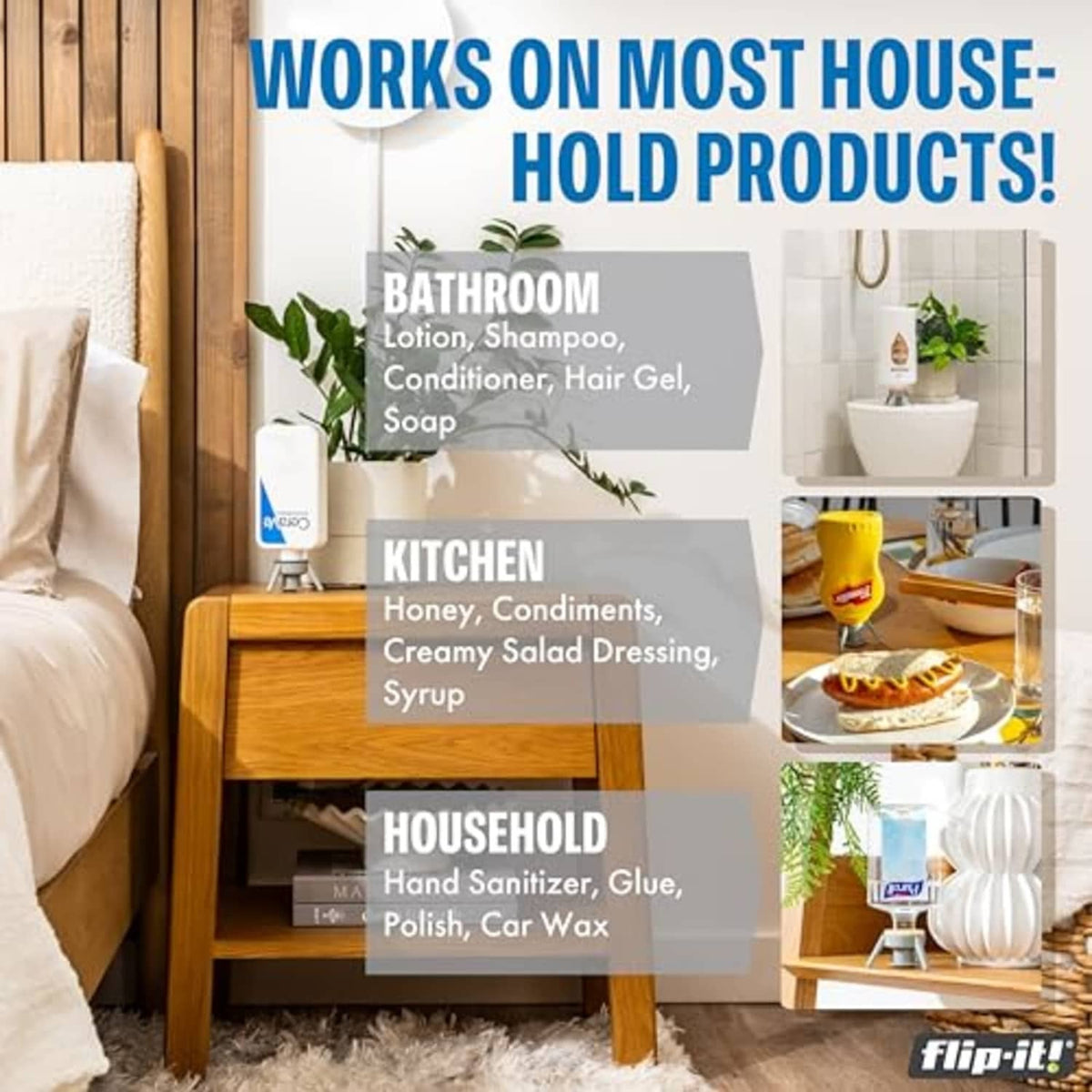 Bottle emptying base cap with small adapters on bathroom and kitchen shelves