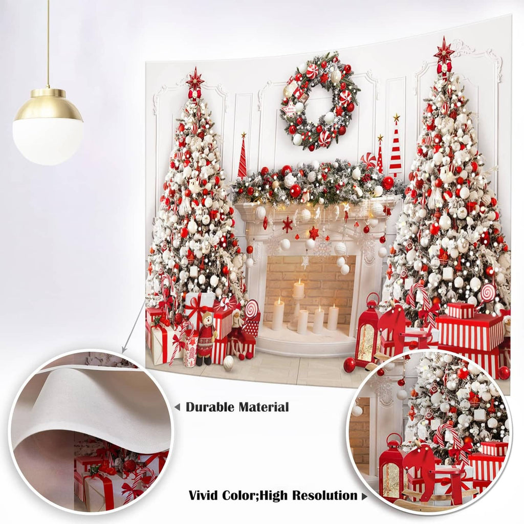 Christmas fireplace backdrop with wreath, decorated trees, and red striped accents in a scene