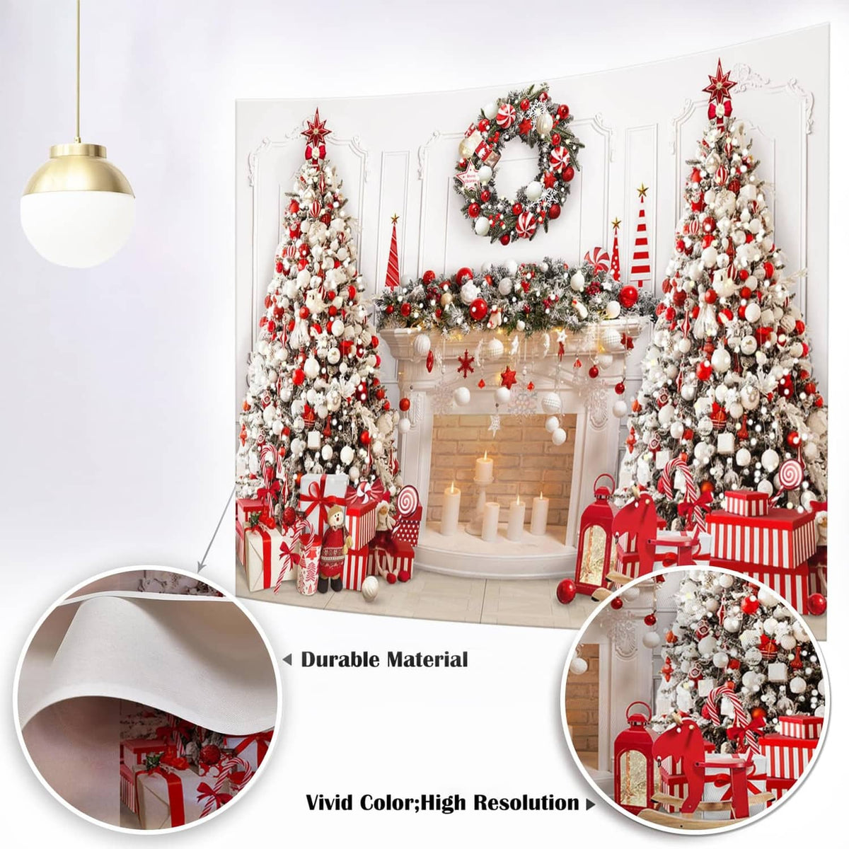 Christmas fireplace backdrop with wreath, decorated trees, and red striped accents in a scene