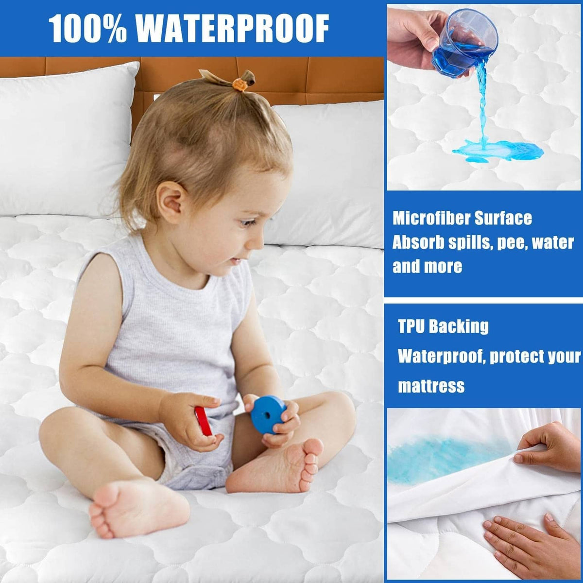 White quilted waterproof mattress protector on bed with water splash detail