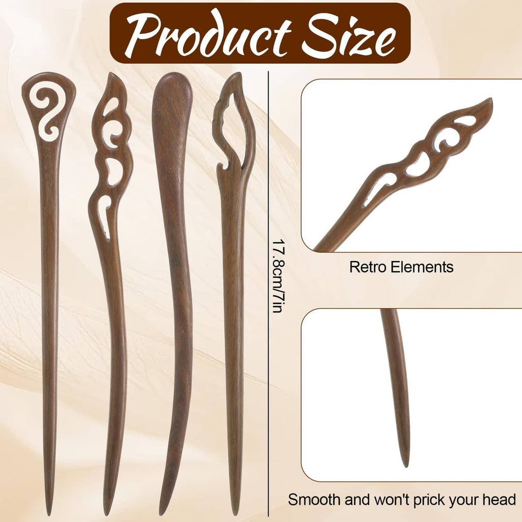 Four brown wooden hair sticks with smooth shafts and ornate swirl ends
