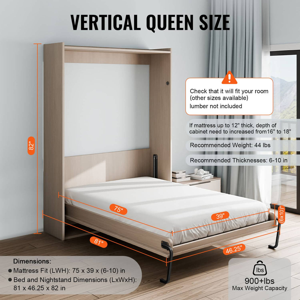 Vertical wall bed kit diagram with mattress fit and bed dimensions for twin size