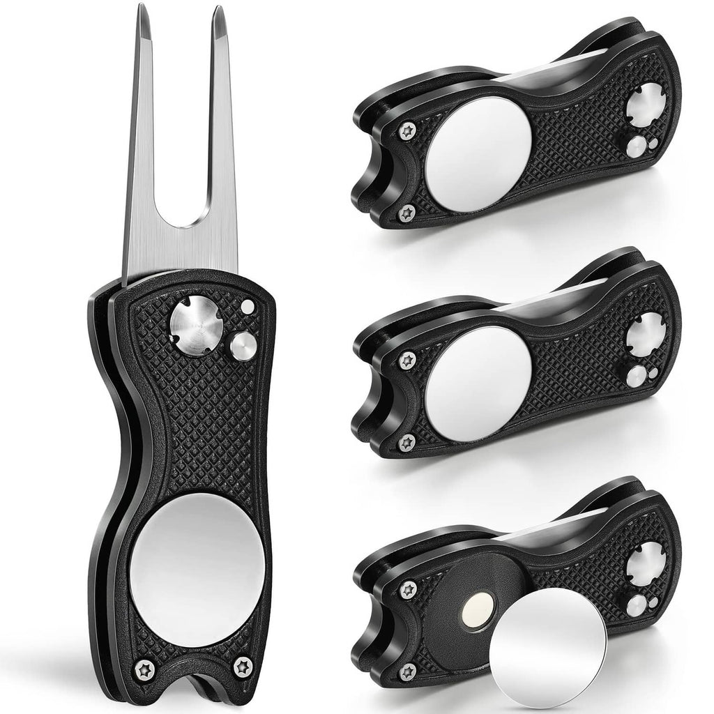 Set of black foldable divot repair tools with stainless fork prongs and round heads