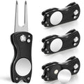 Set of black foldable divot repair tools with stainless fork prongs and round heads