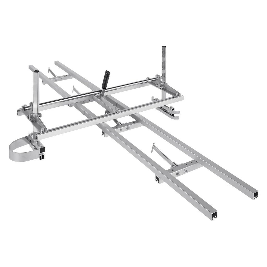 Chainsaw mill guide system with aluminum rail, crossbars, and adjustable posts