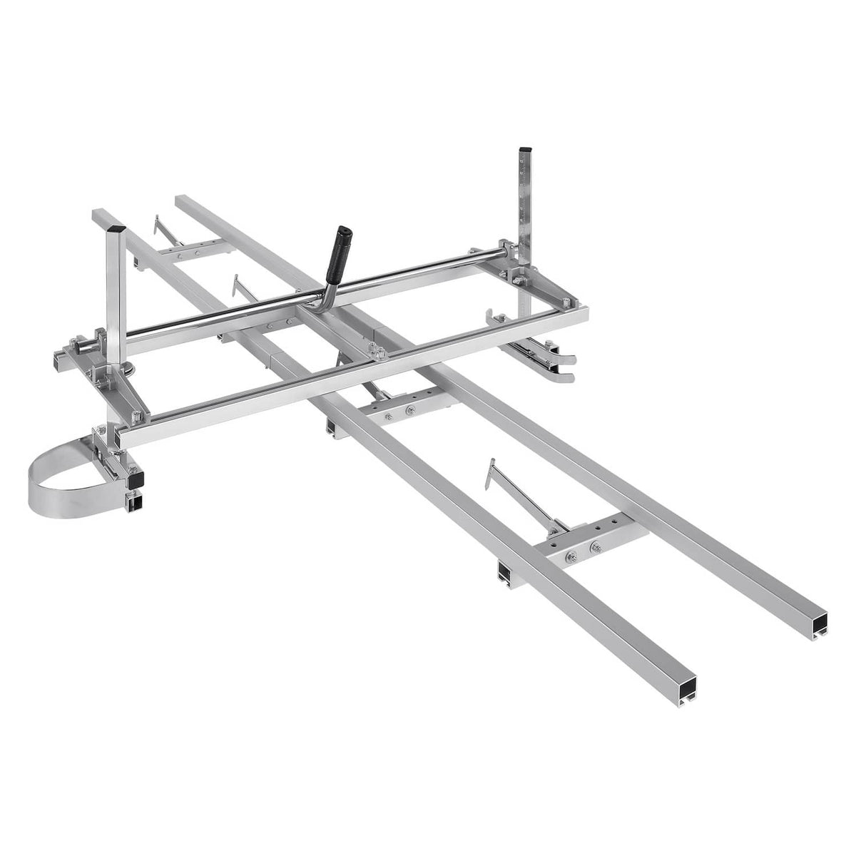 Chainsaw mill guide system with aluminum rail, crossbars, and adjustable posts