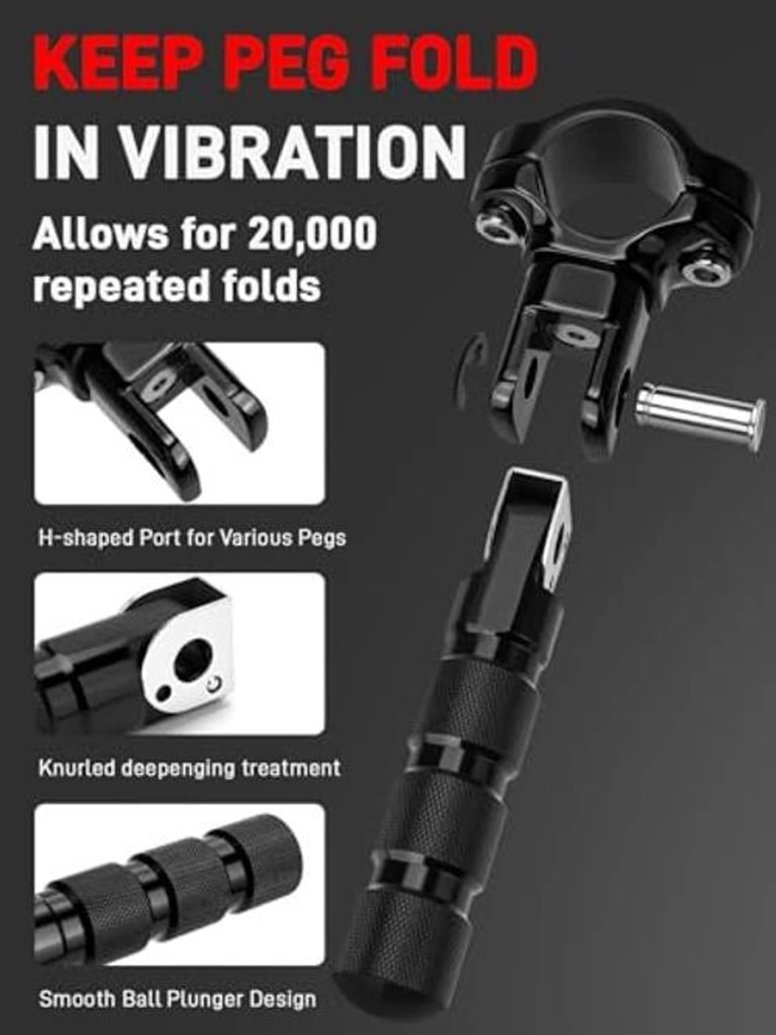 Black highway footpeg showing knurled grip and pivot hinge for folding movement