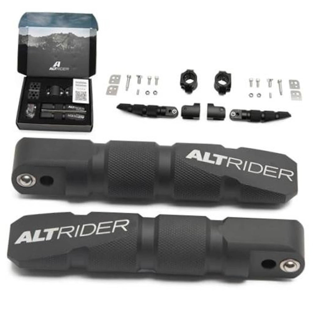 Black motorcycle highway peg pair with textured grip and mounting hardware set