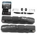 Black motorcycle highway peg pair with textured grip and mounting hardware set