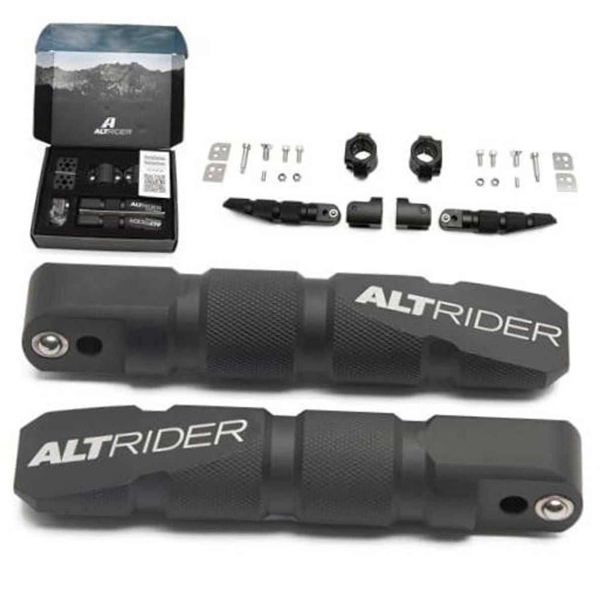 Black motorcycle highway peg pair with textured grip and mounting hardware set