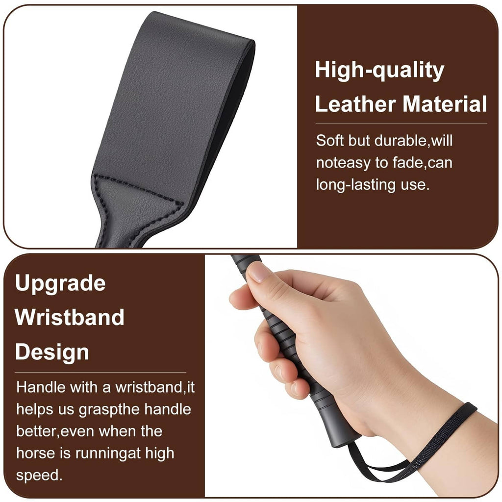 Black leather riding-crop handle with wristband strap detail