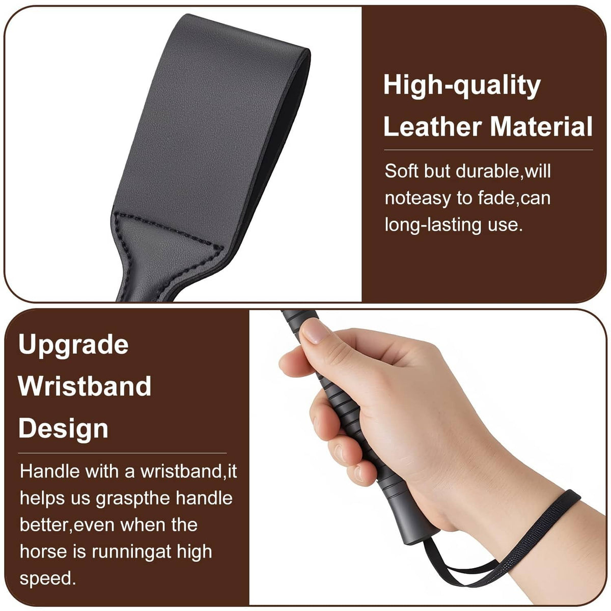 Black leather riding-crop handle with wristband strap detail