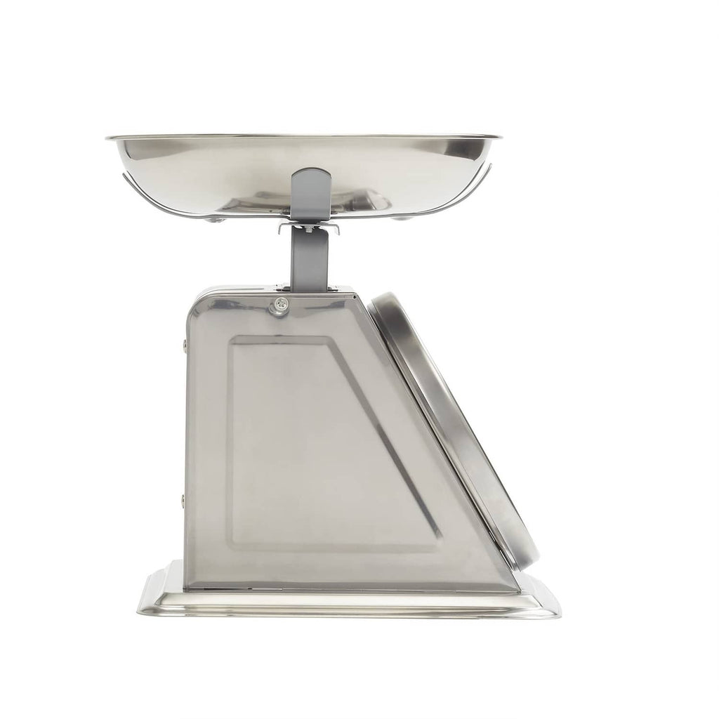 Stainless mechanical kitchen food scale with bowl and hinged base side view