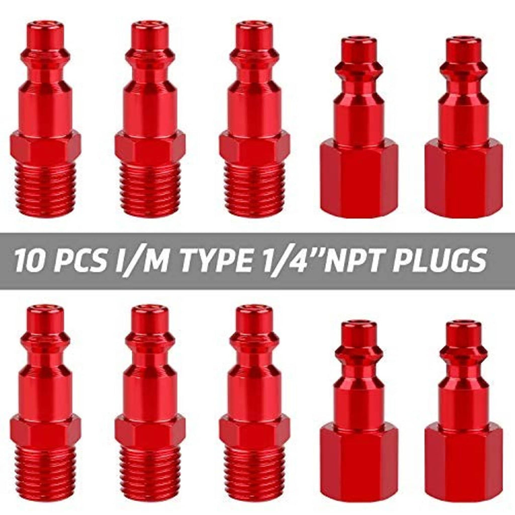 Red 1/4 in NPT plugs set with threaded shanks and hex-style connection ends, 10 pcs