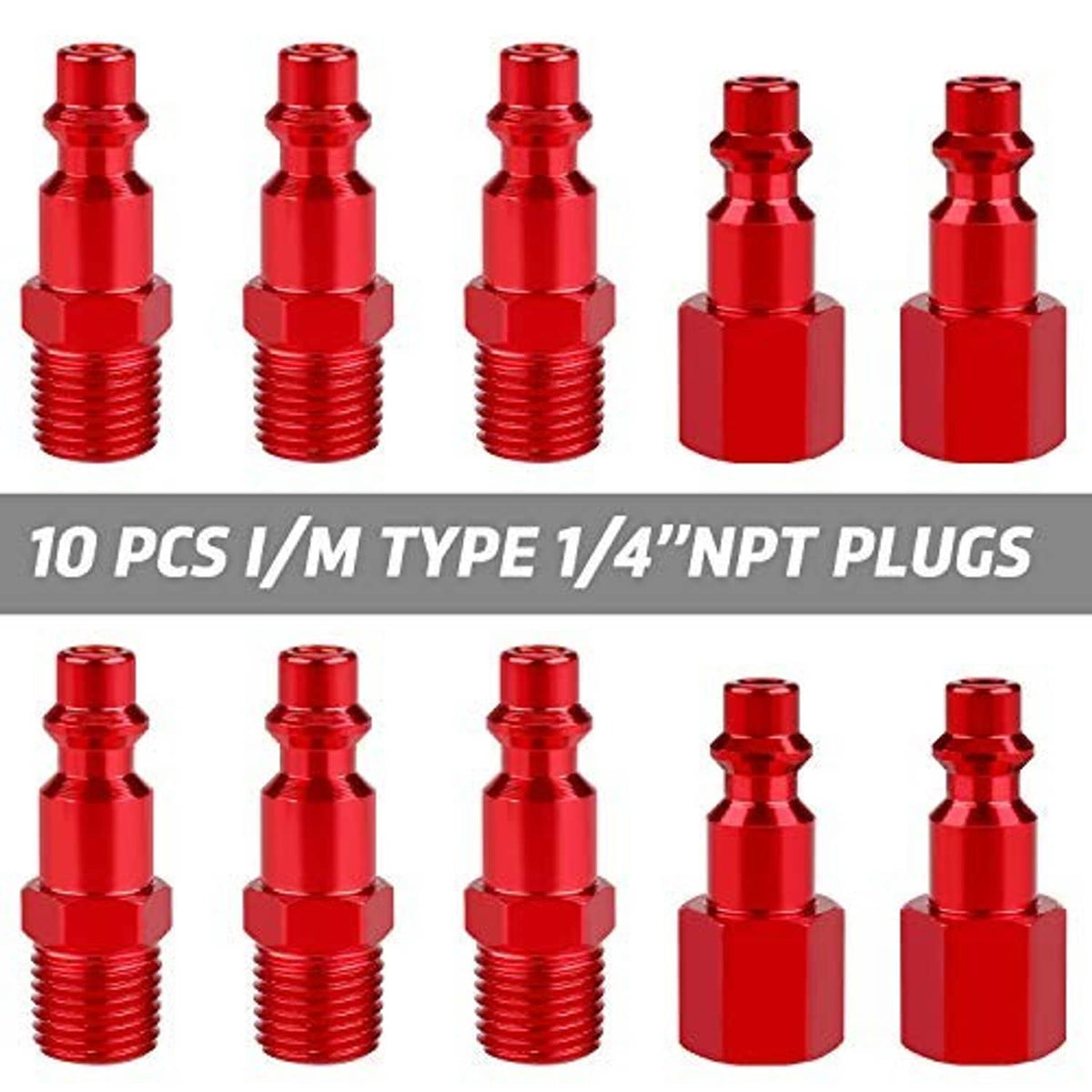 Red 1/4 in NPT plugs set with threaded shanks and hex-style connection ends, 10 pcs