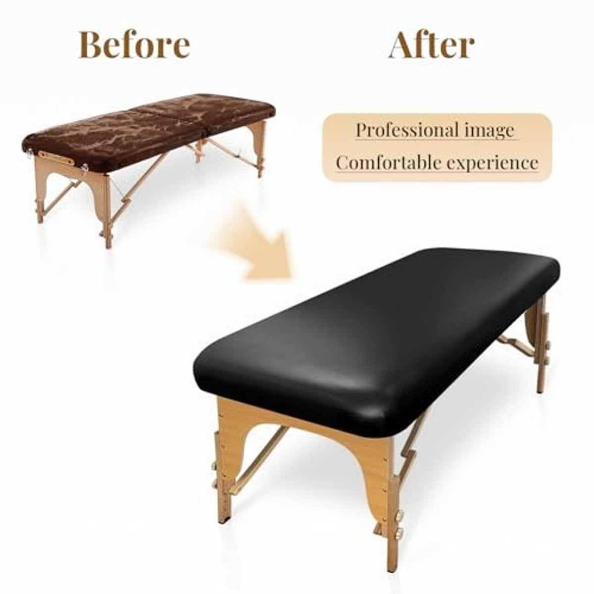 Black PU leather massage table cover on wooden frame, angled view