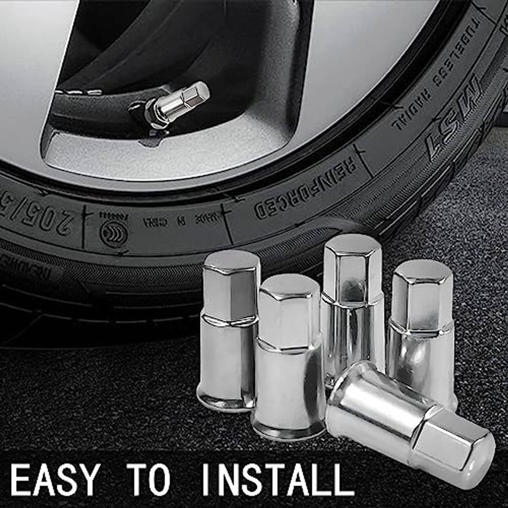 Chrome tire valve stem caps on a car wheel rim