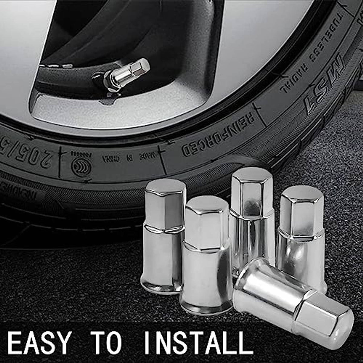 Chrome tire valve stem caps on a car wheel rim
