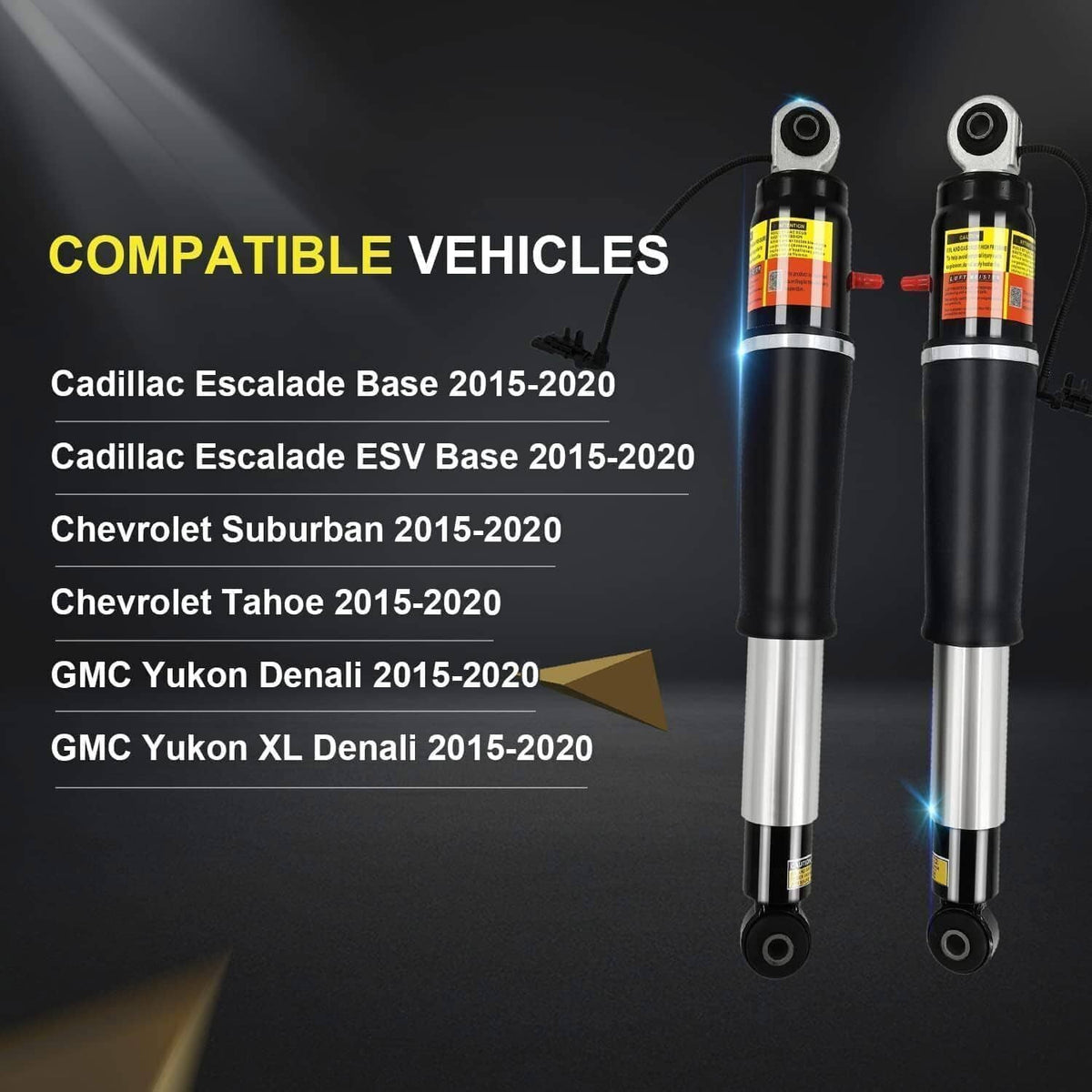 Rear air shock absorber pair with yellow warning labels, black bodies, and silver rods