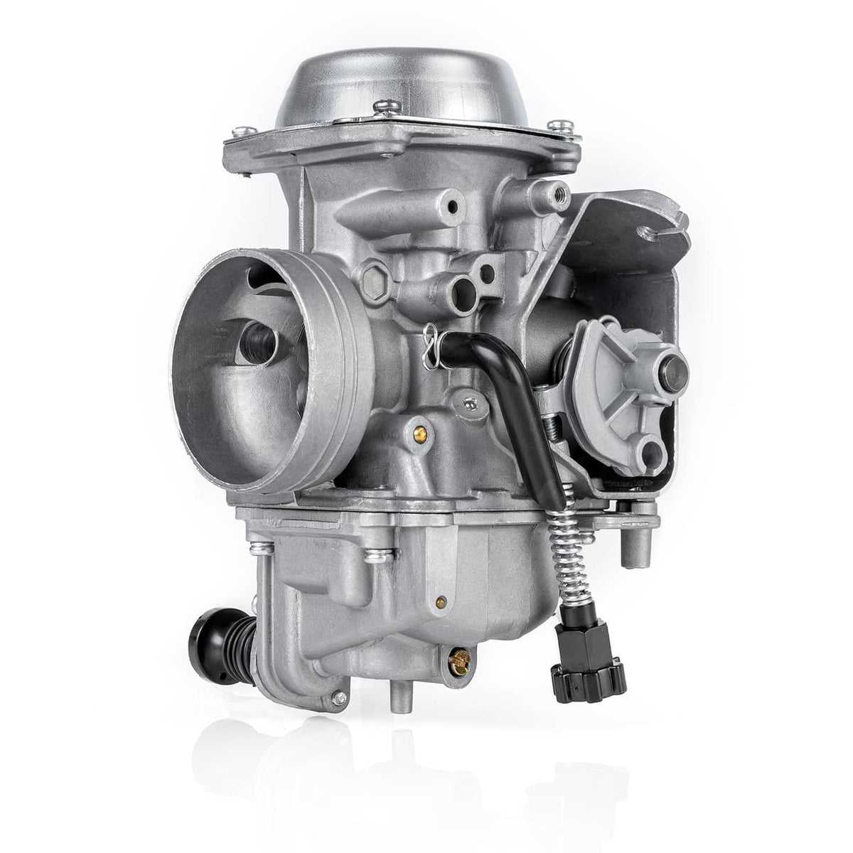 Carburetor with side control housing, air intake bore, and attached vacuum line