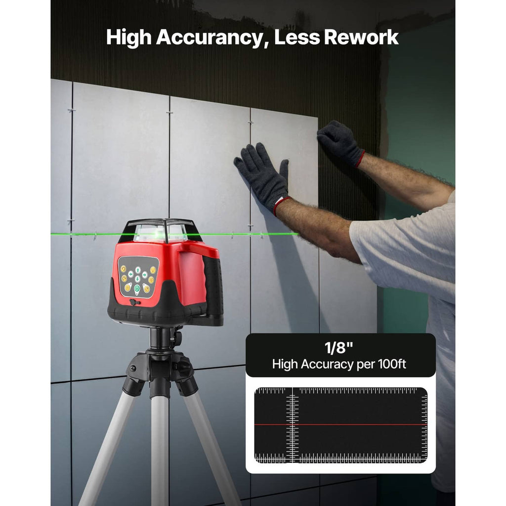 Red and black rotary laser level projecting a green line across a wall, on tripod