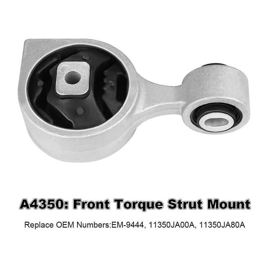 Front torque strut mount with black rubber bushing and silver housing, side view