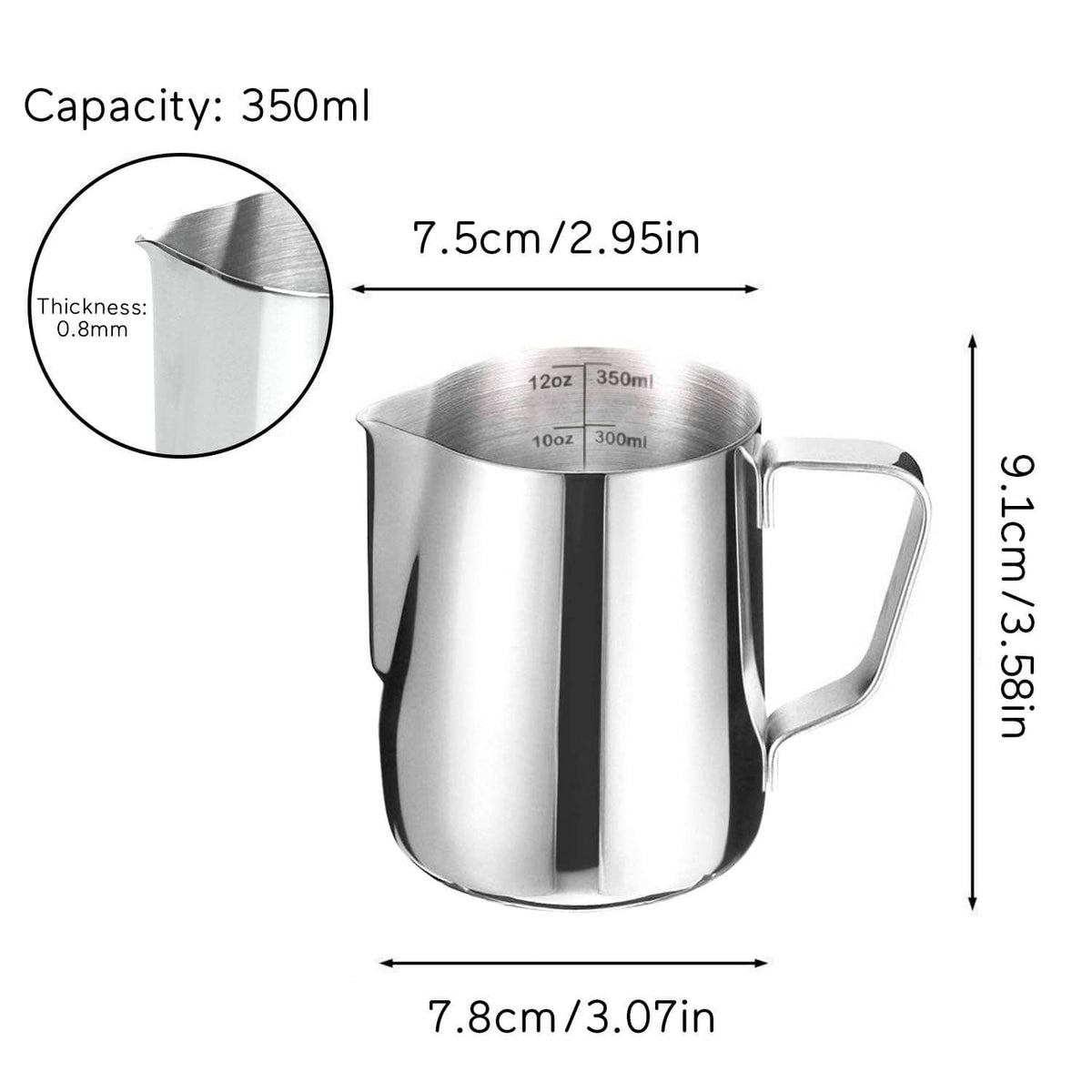Stainless steel milk frothing pitcher, 350ml capacity, with handle and pour spout