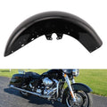 Glossy black front motorcycle fender with mounting bracket and predrilled holes