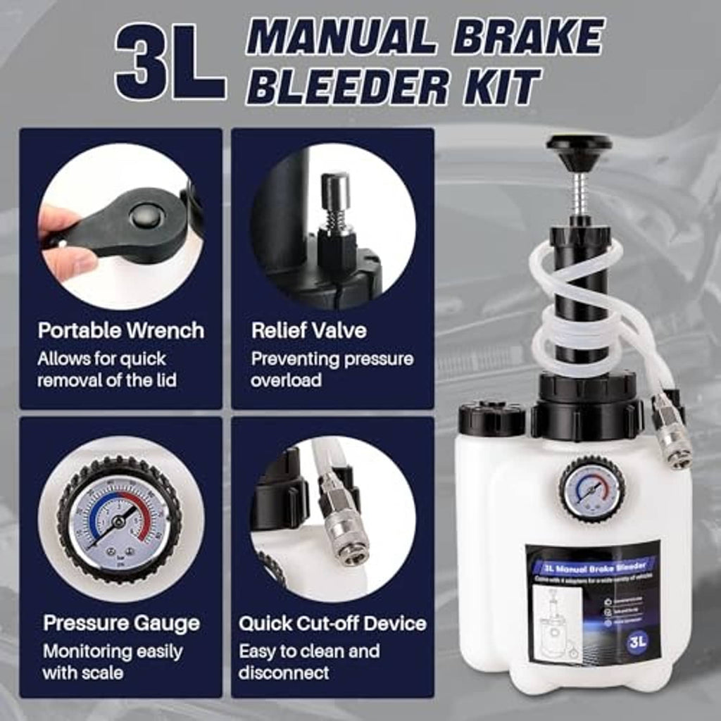 Manual brake bleeder kit with pressure gauge, portable wrench, relief valve, and 3L bottle