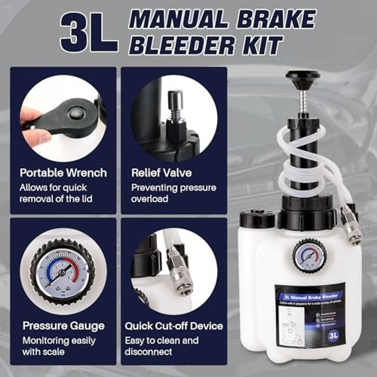 Manual brake bleeder kit with pressure gauge, portable wrench, relief valve, and 3L bottle
